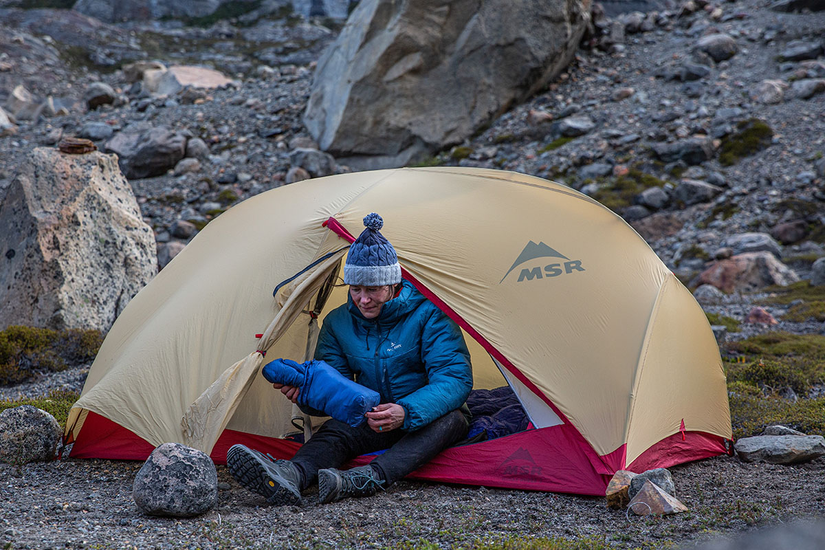 Lowa Renegade GTX Mid hiking boot (sitting inside tent)